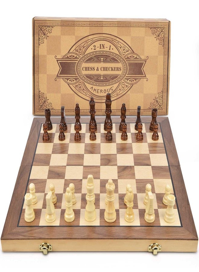 AMEROUS 15'' Magnetic Wooden Chess & Checkers Game Set -2 Extra Queens -24 Cherkers Pieces - Chessmen Storage Slots, Beginner Chess Set for Kids and Adults, Classic 2 in 1 Board Games - Image 5